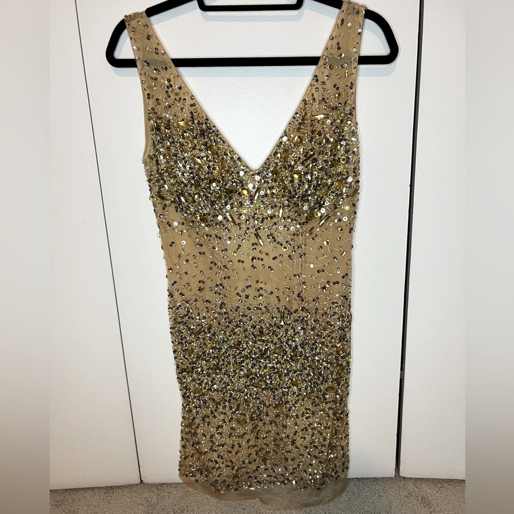 JOVANI GOLD AND PEWTER SEQUIN AND RHINESTONE BACKLESS MINI DRESS SIZE 10